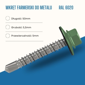 Wkręt farmerski do metalu 5,5X50 mm przewiercalność 5 mm w kolorze RAL 6020